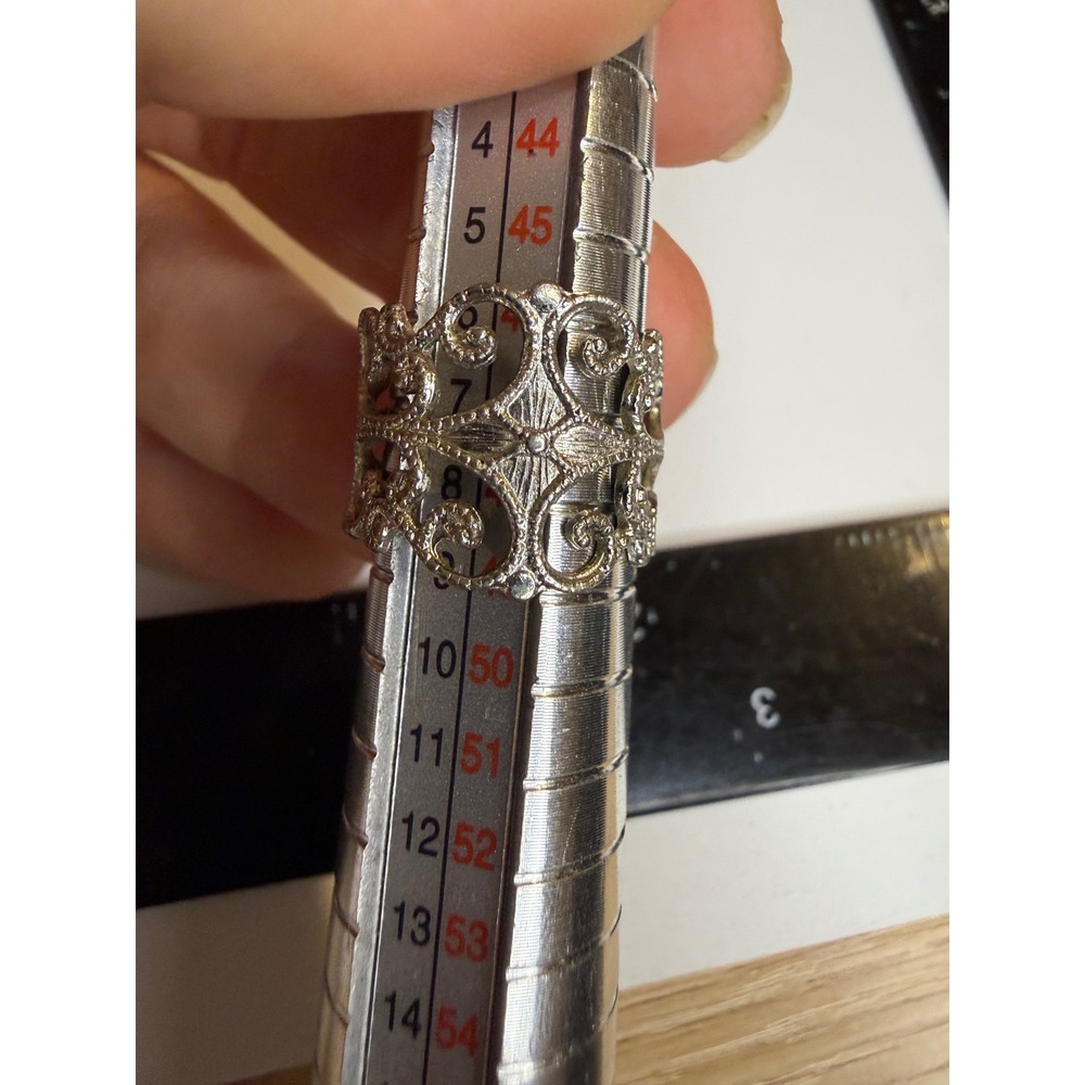 Silver Tone Ornate Filigree Wide Band Ring Size 8.5 Scroll Openwork Statement